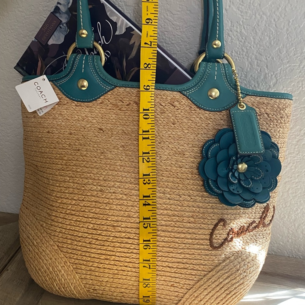 Coach Bleecker Natural Turquoise Straw Tote F13373 New with Tags